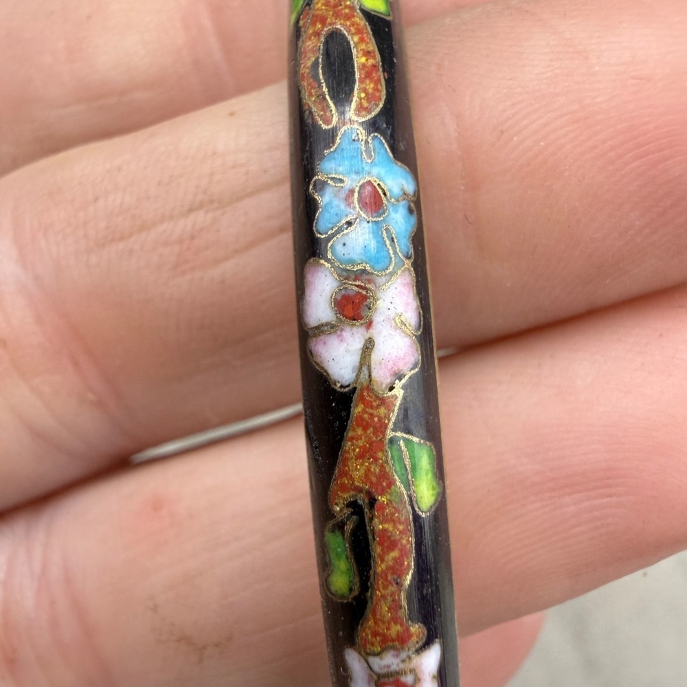Vintage Cloisonne Bangle Bracelet enamel Black‎ Background 8.5"